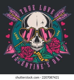 Valentine Day colorful poster vintage skull fragment in front cupid crossed arrows and flowers with words true love vector illustration