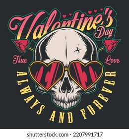 Valentine Day colorful poster vintage with skull in glasses in form hearts inviting to festive party for lovers vector illustration