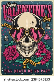 Valentine Day colorful poster vintage skull in heart-shaped glasses with roses invites you to grunge style party vector illustration