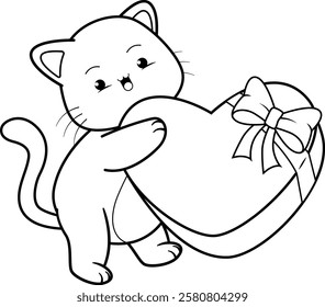 Valentine Day Coloring Page with cute cat