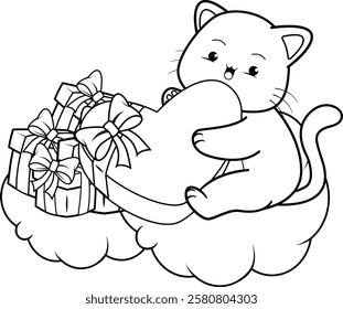 Valentine Day Coloring Page with cute cat