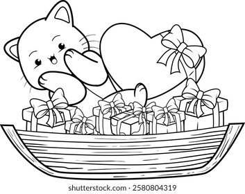 Valentine Day Coloring Page with cute cat