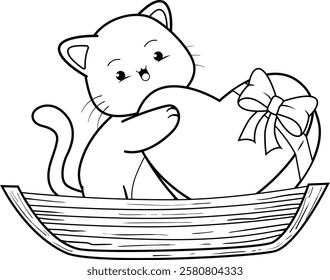 Valentine Day Coloring Page with cute cat