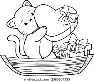 Valentine Day Coloring Page with cute cat