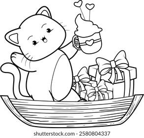 Valentine Day Coloring Page with cute cat