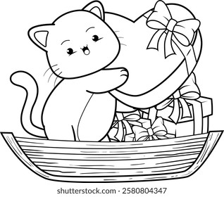 Valentine Day Coloring Page with cute cat
