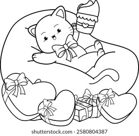 Valentine Day Coloring Page with cute cat