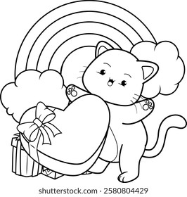 Valentine Day Coloring Page with cute cat