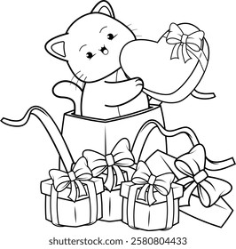 Valentine Day Coloring Page with cute cat