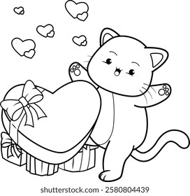 Valentine Day Coloring Page with cute cat