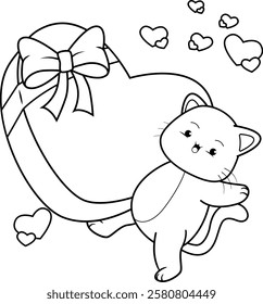 Valentine Day Coloring Page with cute cat