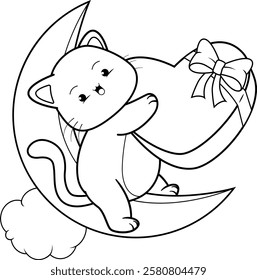 Valentine Day Coloring Page with cute cat