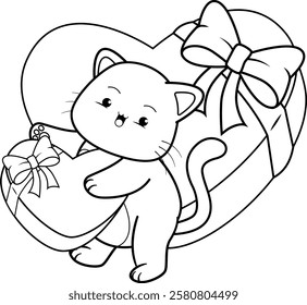 Valentine Day Coloring Page with cute cat