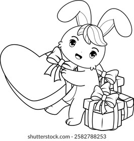 Valentine Day Coloring Page with cute bunny