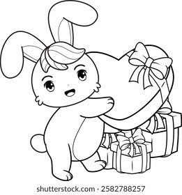 Valentine Day Coloring Page with cute bunny