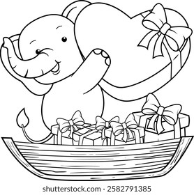 Valentine Day Coloring Page with cute elephant