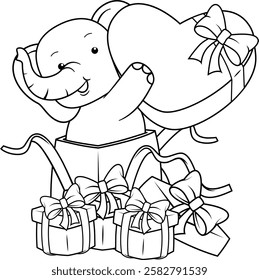 Valentine Day Coloring Page with cute elephant