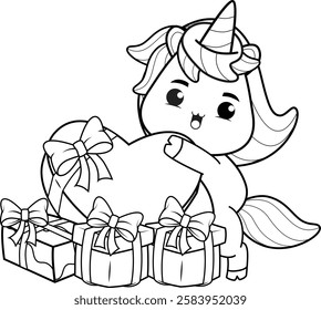 Valentine Day Coloring Page with cute unicorn