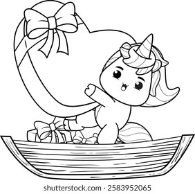 Valentine Day Coloring Page with cute unicorn