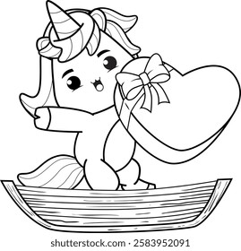 Valentine Day Coloring Page with cute unicorn