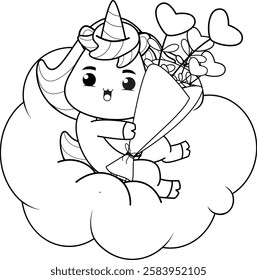 Valentine Day Coloring Page with cute unicorn