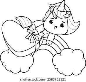 Valentine Day Coloring Page with cute unicorn