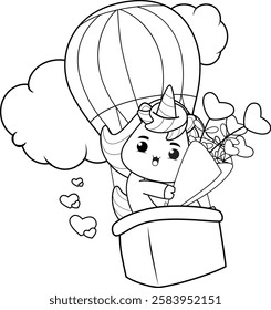 Valentine Day Coloring Page with cute unicorn