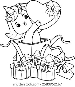 Valentine Day Coloring Page with cute unicorn