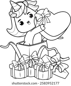 Valentine Day Coloring Page with cute unicorn