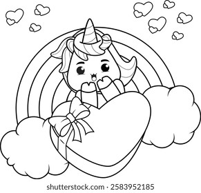 Valentine Day Coloring Page with cute unicorn