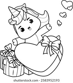 Valentine Day Coloring Page with cute unicorn