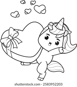 Valentine Day Coloring Page with cute unicorn