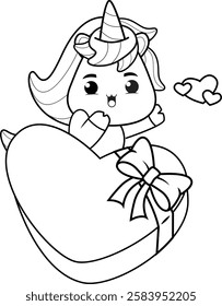 Valentine Day Coloring Page with cute unicorn