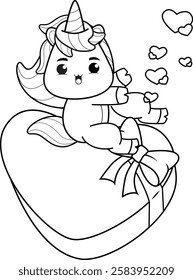 Valentine Day Coloring Page with cute unicorn