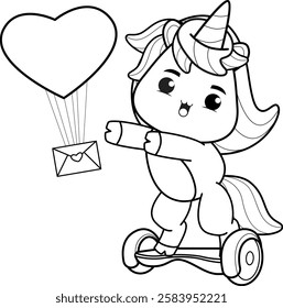 Valentine Day Coloring Page with cute unicorn