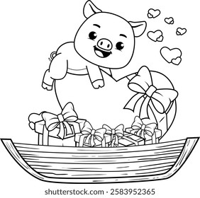 Valentine Day Coloring Page with cute pig