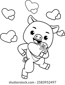 Valentine Day Coloring Page with cute pig