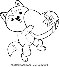 Valentine Day Coloring Page with cute husky