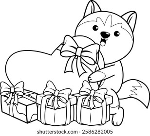 Valentine Day Coloring Page with cute husky