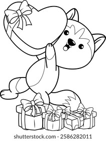 Valentine Day Coloring Page with cute husky