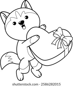 Valentine Day Coloring Page with cute husky