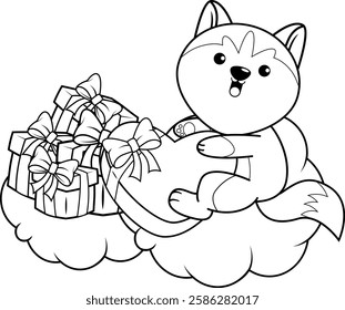 Valentine Day Coloring Page with cute husky