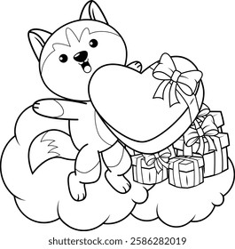 Valentine Day Coloring Page with cute husky