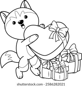 Valentine Day Coloring Page with cute husky