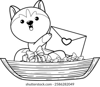 Valentine Day Coloring Page with cute husky