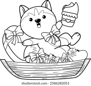 Valentine Day Coloring Page with cute husky