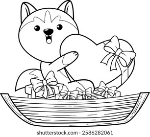 Valentine Day Coloring Page with cute husky