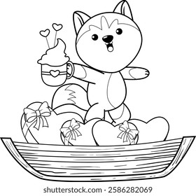 Valentine Day Coloring Page with cute husky