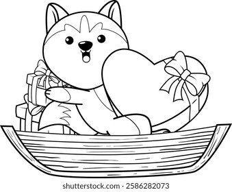 Valentine Day Coloring Page with cute husky