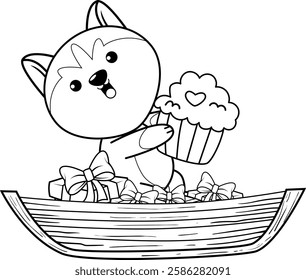 Valentine Day Coloring Page with cute husky